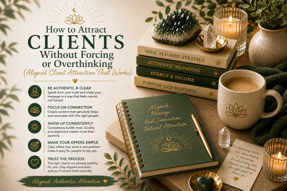 attract clients without forcing concept with calm aligned workspace journal candle and soft natural tones