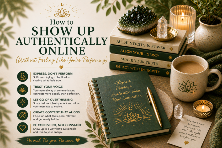 show up authentically online calm workspace journal candle aligned visibility aesthetic
