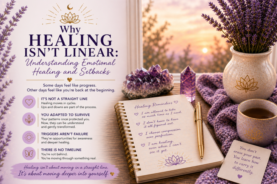 Healing isn’t linear concept with journal, candle and calming environment symbolizing emotional healing and personal growth