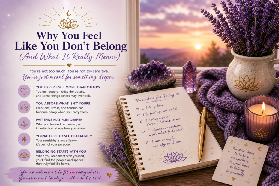 why you feel like you don’t belong concept with calming space journal candle and reflective emotional healing setting