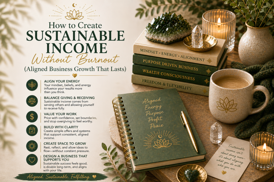 sustainable income without burnout concept with calm workspace journal candle and aligned business aesthetic