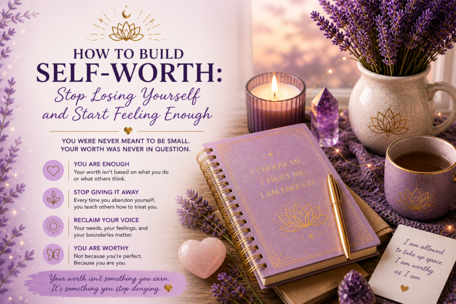 How to build self-worth concept with journal, candle and crystals representing emotional healing and inner confidence
