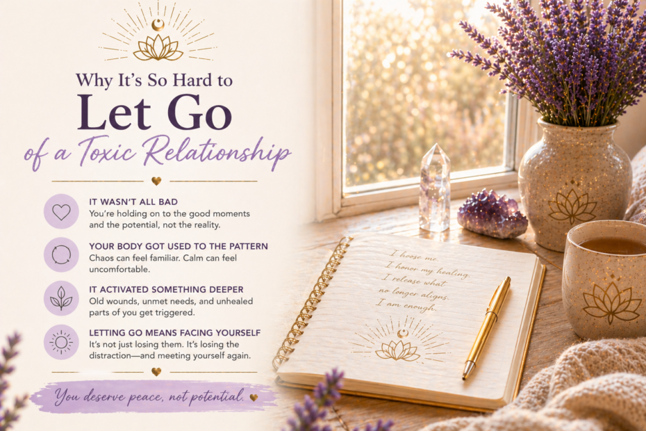 why it’s so hard to let go of a toxic relationship emotional healing concept with journal candle and calming purple tones