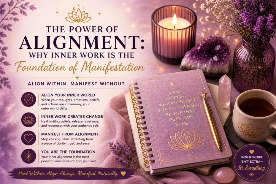 Inner work for manifestation and alignment with journal, crystals, and candle representing emotional and energetic balance