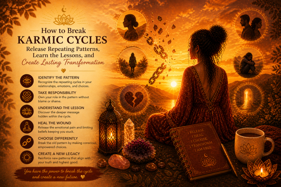 Woman at sunset surrounded by symbolic patterns breaking apart, representing release of karmic cycles and transformation