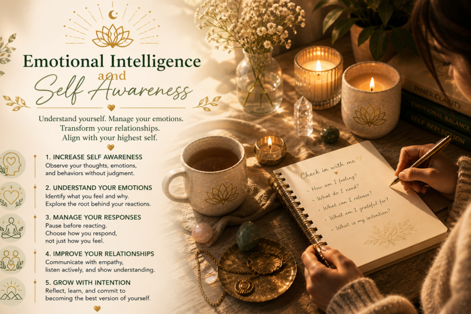 Calm reflective scene of a person journaling by candlelight, symbolizing emotional awareness, self-reflection, and inner clarity