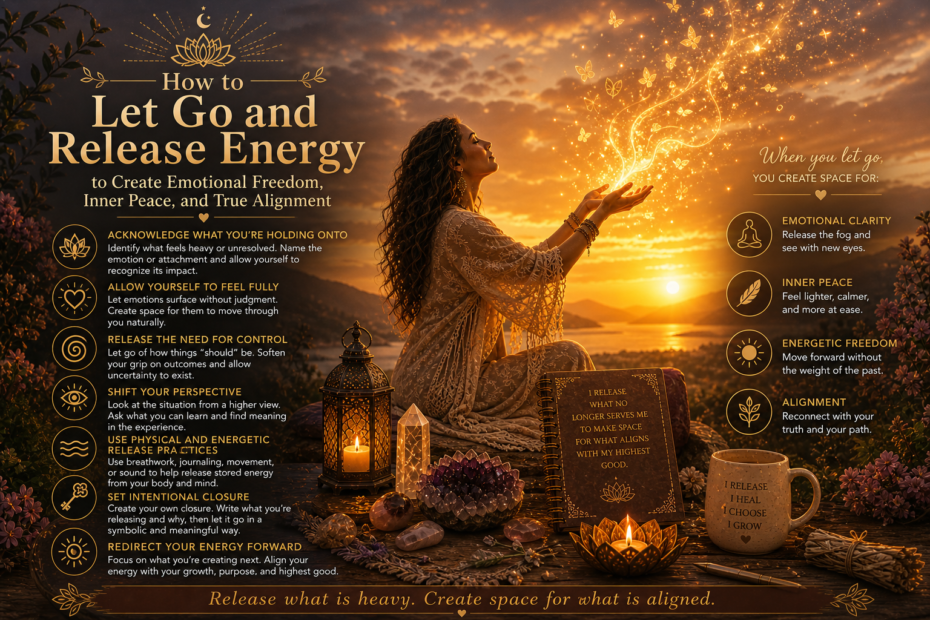 Woman at sunset releasing glowing energy into the air, symbolizing emotional release, letting go, and energetic healing