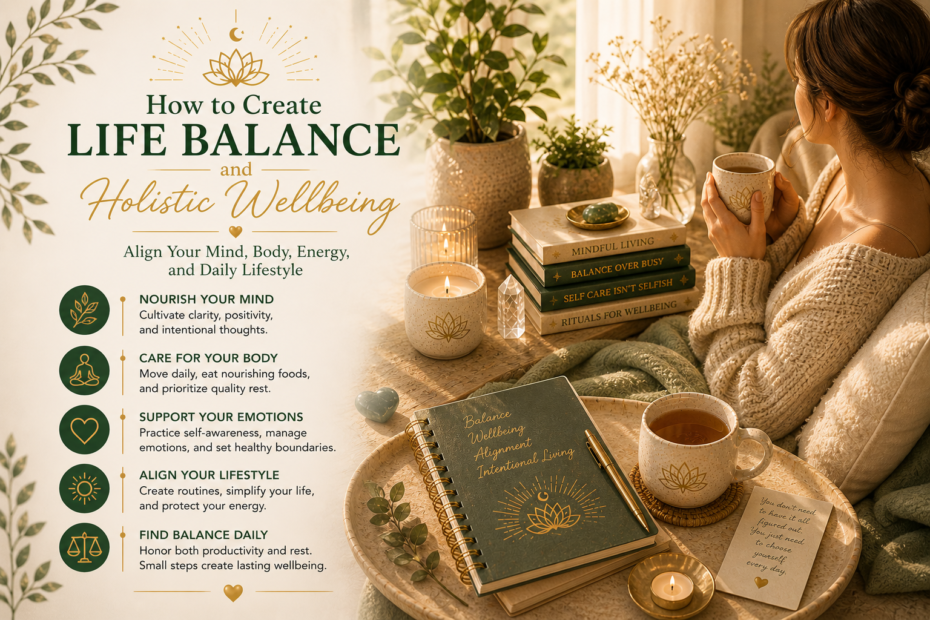 Peaceful lifestyle scene with a person relaxing in a balanced environment with plants, tea, and sunlight symbolizing holistic wellbeing and life balance