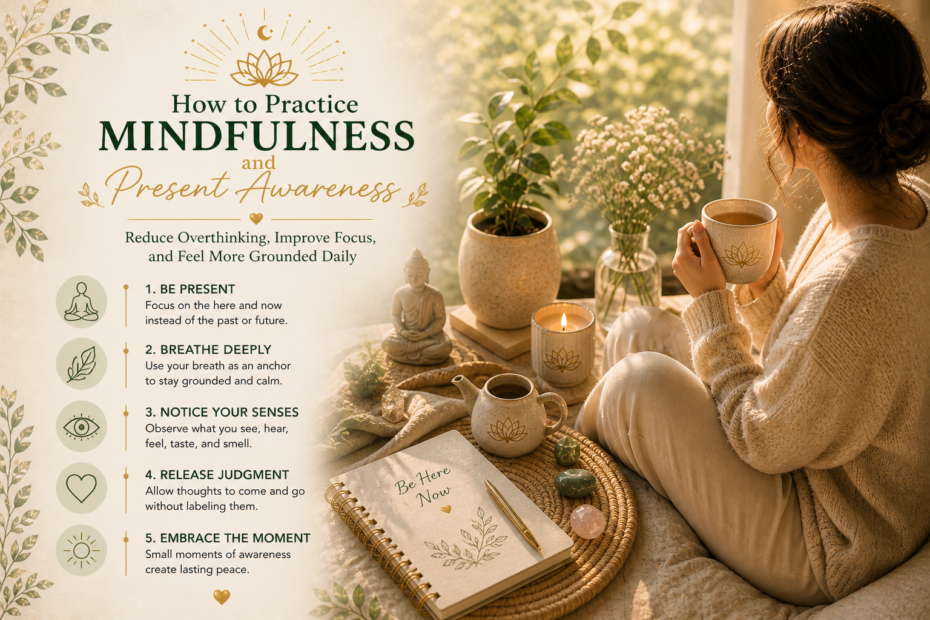 Peaceful scene of a person sitting quietly in sunlight with tea and nature elements, symbolizing mindfulness and present awareness
