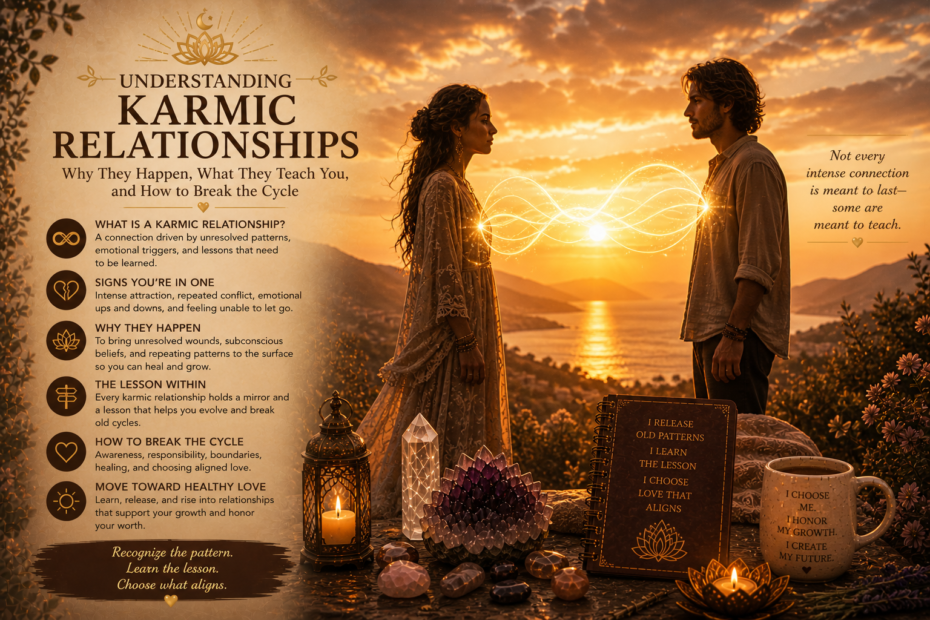 Two people connected by glowing energetic threads at sunset, symbolizing karmic relationships, emotional intensity, and cyclical patterns