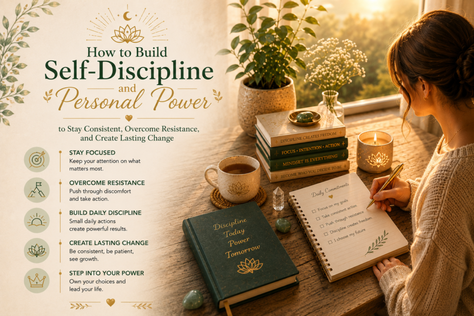 Focused person journaling at sunrise with warm light, symbolizing self-discipline, clarity, and personal empowerment